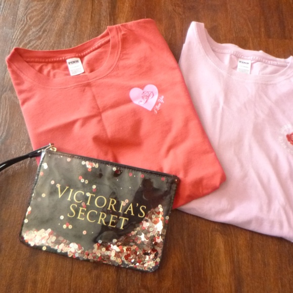 2 VICTORIA'S SECRET VALENTINE HEARTS & ROSES T SHIRTS SZ-L w/BONUS WRISTLET - Picture 1 of 16